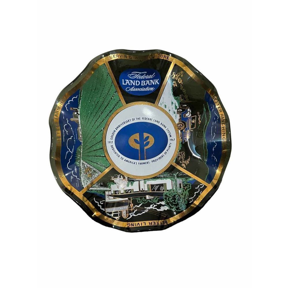 Federal Land Bank Association Glass Plate Ashtray 50th Anniversary Farming (blue